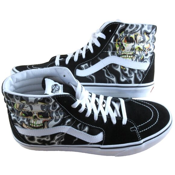 Vans Men's Sk8-Hi Flame Skull Black True White Canvas Suede shoes Size 10.5 NEW